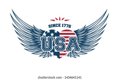 USA independence day greeting typographic label design. Vector illustration of heart with wings for badges, tags, greeting cards, banners, background. Fourth of July emblem.