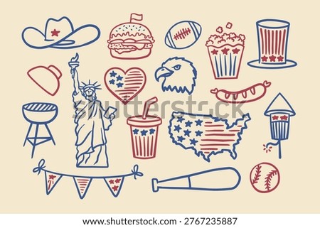 USA Independence Day Hand Drawn Doodles, America scribbles with flag, burger, eagle, map vector illustration 