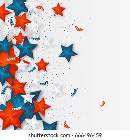 USA independence day. Holiday background with 3d stars and confetti. Vector illustration.