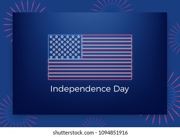 USA Independence Day. Holiday Fourth of July greeting banner. Modern layout with USA neon flag and fireworks