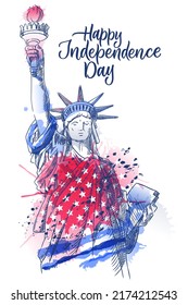 USA Independence Day holiday poster or print with hand drawn calligraphy lettering. Statue of liberty on american watercolor flag backgorund. Vector sketch illustration for 4th of July greeting card