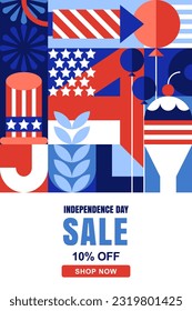 USA Independence Day holiday sale banner or poster. 4th of July geometric letters, color block American flag and symbols pattern. Vector print, background or greeting card design