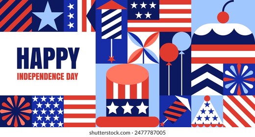 USA Independence Day horizontal banner. 4th of July geometric background. American flag, symbols in color block squares. Vector flat illustration. Poster, print, holiday greeting card design elements