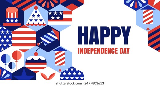 USA Independence Day horizontal banner. American flag, symbols in colorful hexagon shapes. Vector flat illustration. Poster, print, holiday 4th of July greeting card design elements