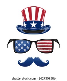 USA Independence Day icon set. 4th of July. Fourth of July. Star-striped sunglasses, Uncle Sams hat, mustache. Vector illustration