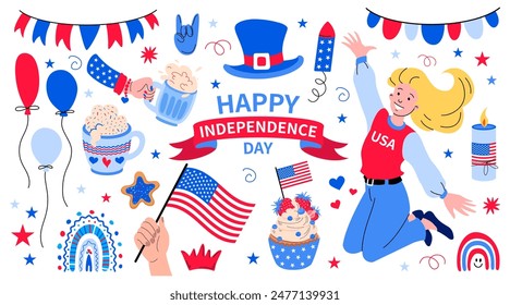 USA Independence Day icon set. Blonde girl is happy and jumping. Decorative elements with symbols of USA, garlands, flags, ribbons, fireworks. Patriotic festive background. Vector flat illustration.