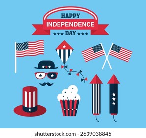 USA Independence Day icons set with flags, fireworks, hat, popcorn, kite, and patriotic elements in red, white, and blue.