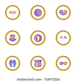 USA independence day icons set. Cartoon style set of 9 USA independence day vector icons for web design