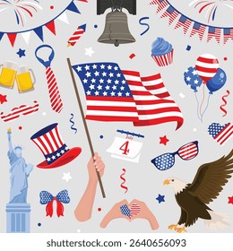 USA Independence Day illustration with 4th July elements including Liberty statue, bell, eagle, and patriotic flag decorations