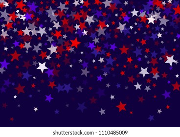 USA Independence Day July 4 stars flying vector banner background in American flag colors. Blue red white falling stars confetti on dark blue background. American national colors Independence symbols