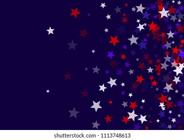 USA Independence Day July 4 stars flying vector banner background in American flag colors. Blue red white falling stars confetti on dark blue background. American national colors Independence symbols