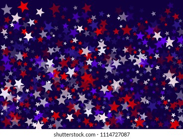 USA Independence Day July 4 stars flying vector banner background in American flag colors. Blue red white falling stars confetti on dark blue background. American national colors Independence symbols