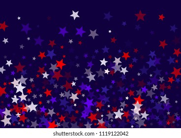 USA Independence Day July 4 stars flying vector banner background in American flag colors. Blue red white falling stars confetti on dark blue background. American national colors Independence symbols