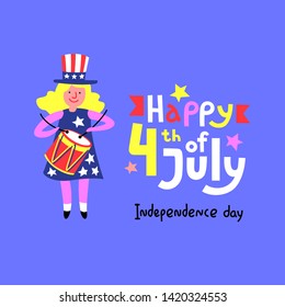 USA Independence Day July 4th. Hand lettering, girl character with drum in hat and elements on a blue background. Vector illustration - Vector