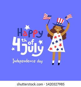 USA Independence Day July 4th. Hand lettering, girl character with flags, hat and elements on a blue background. Vector illustration - Vector