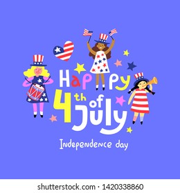 USA Independence Day July 4th. Hand lettering, three girl character and elements on a blue background. Vector illustration - Vector