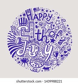 USA Independence Day July 4th. Hand lettering, doodle  elements. Vector illustration - Vector