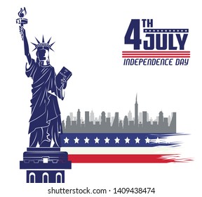 USA independence day july fourth celebration card ith liberty statue emblem vector illustration graphic design