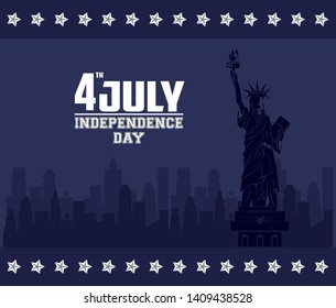 USA independence day july fourth celebration card with liberty statue emblem on red blue and white colors vector illustration graphic design