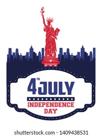 USA independence day july fourth celebration card with liberty statue emblem on red blue and white colors vector illustration graphic design