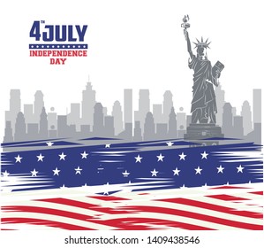 USA independence day july fourth celebration card with liberty statue emblem on red blue and white colors vector illustration graphic design