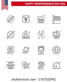 USA Independence Day Line Set of 16 USA Pictograms of basketball; united; building; states; white Editable USA Day Vector Design Elements