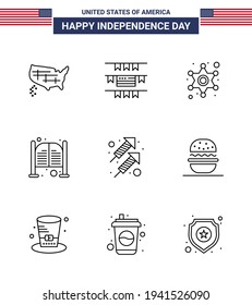 USA Independence Day Line Set of 9 USA Pictograms of fire; entrance; police; day; doors Editable USA Day Vector Design Elements