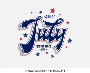 USA Independence day logotype. Vector illustration with calligraphy, text, stars on grey background. Typography poster for 4th of July American national holiday. Icon, greeting card, banner design