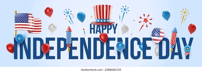 El diseño de concepto mínimo del Día de la Independencia de Estados Unidos en un estilo 3d realista. 4 de julio de plantilla de fondo. Ilustración vectorial de celebración para banner, afiche, tarjeta. Composición festiva brillante 