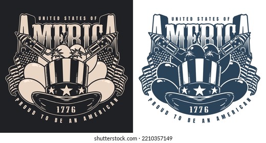 USA Independence Day monochrome vintage poster hat and fireworks in national style for holiday in honor 4th July vector illustration