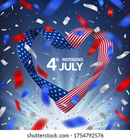 USA independence day national festive card with salute of confetti and photorealistic ribbon in heart shape in colour of National flag of America. Blue, red and white vector design.