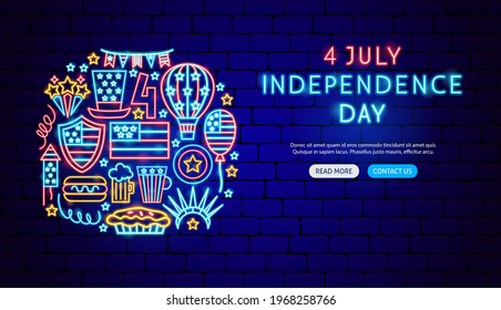 USA Independence Day Neon Banner Design. Vector Illustration of American Promotion.