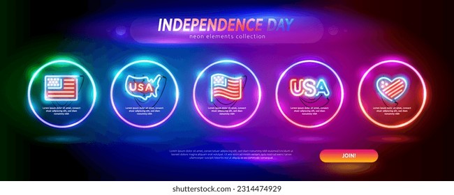 USA Independence Day Neon Elements Set on Blurred Background. Vector clipart for patriotic projects.