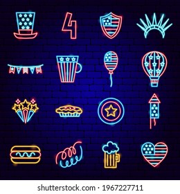 USA Independence Day Neon Icons. Vector Illustration of American Promotion.