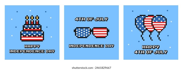 USA independence day pixel art card set, social media post template, banner, 80s, 90s old arcade game style, United States, postcards, background, USA flag, cake, balloons, sunglasses