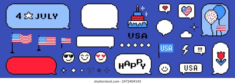 USA Independence Day. Pixel art. 4th of July text messages illustration set. American flag, pixel dialogue, speech bubbles. Y2k trendy playful pixelated stickers. 8 bit retro style vector illustration