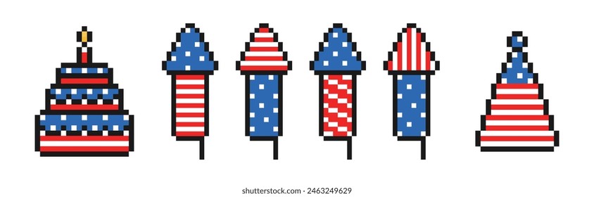 USA independence day pixel icon set, vintage, 8 bit, 80s, 90s games style, 4th of july, patriotic elements, USA flag, cake, fireworks, hat, vector illustration