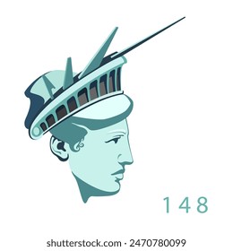 USA Independence Day. Portrait of Statue of Liberty, presentation poster. Green flat design template. US holiday. National symbol of America New York, banner, advertising, freedom. Vector illustration