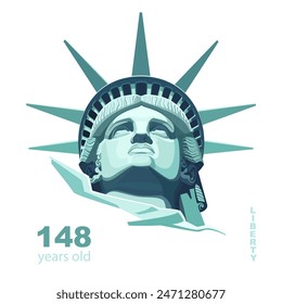 In: USA Independence Day. Porträt der Freiheitsstatue, Poster. Grüne flache Design-Vorlage. Urlaub in den USA. Nationalsymbol Amerikas Neu York, Banner, Werbung, Freiheit. Vektorillustration