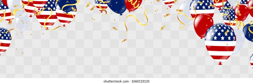 USA Independence day poster with air balloons and with a garland from American flags. American Memorial Day celebration poster, vector illustration.

