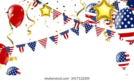 USA Independence day poster with air balloons and with a garland from American flags. American Memorial Day celebration poster, vector illustration