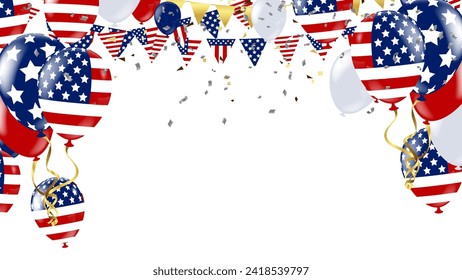 USA Independence day poster with air balloons and with a garland from American flags. American Memorial Day celebration poster, vector illustration