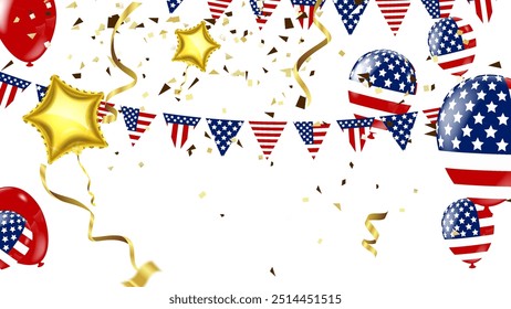 Afiche del día de la independencia de Estados Unidos con globos aerostáticos y con una guirnalda de banderas estadounidenses. Afiche de la celebración del Día de la Memoria Americana, Ilustración vectorial