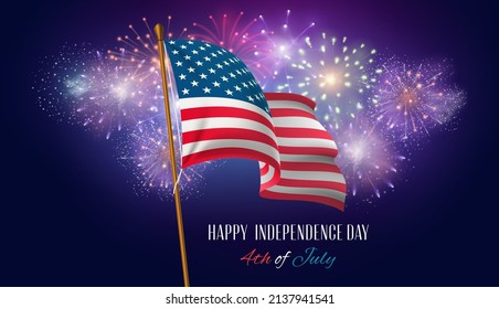 USA Independence day poster with american flag and fireworks. Night sky with firework. 4th of July patriotic holiday celebration vector card. United States waving flag and festive explosions