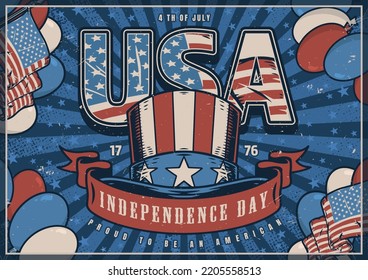 USA independence day poster colorful vintage invitation to celebrations anniversary of signing declaration on July 4, 1976 vector illustration