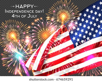USA Independence day poster with firework and flag. Vector illustration