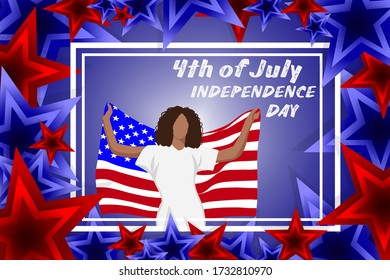 USA Independence Day poster. Girl holds the USA flag. 4th of July. The concept of patriotism, the greatness of the country, unification, celebration. Suitable for invitations, banner, advertisement.