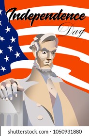 USA Independence day poster. Lincoln monument, flag USA on background and text. Vector illustration, post card.