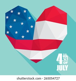 USA Independence day poster in low poly style. Heart with a flag on it with long shadow. 4th of july.