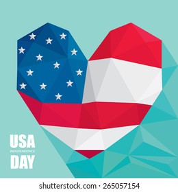 USA Independence day poster in low poly style. 4th of july.  Heart with a flag on it, long triangular shadow.